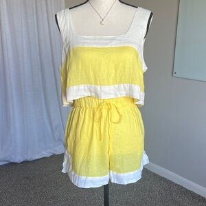 Haute Hippie Linen Blend Bright Yellow and Ivory Matching 2pc Set Shorts Tank M